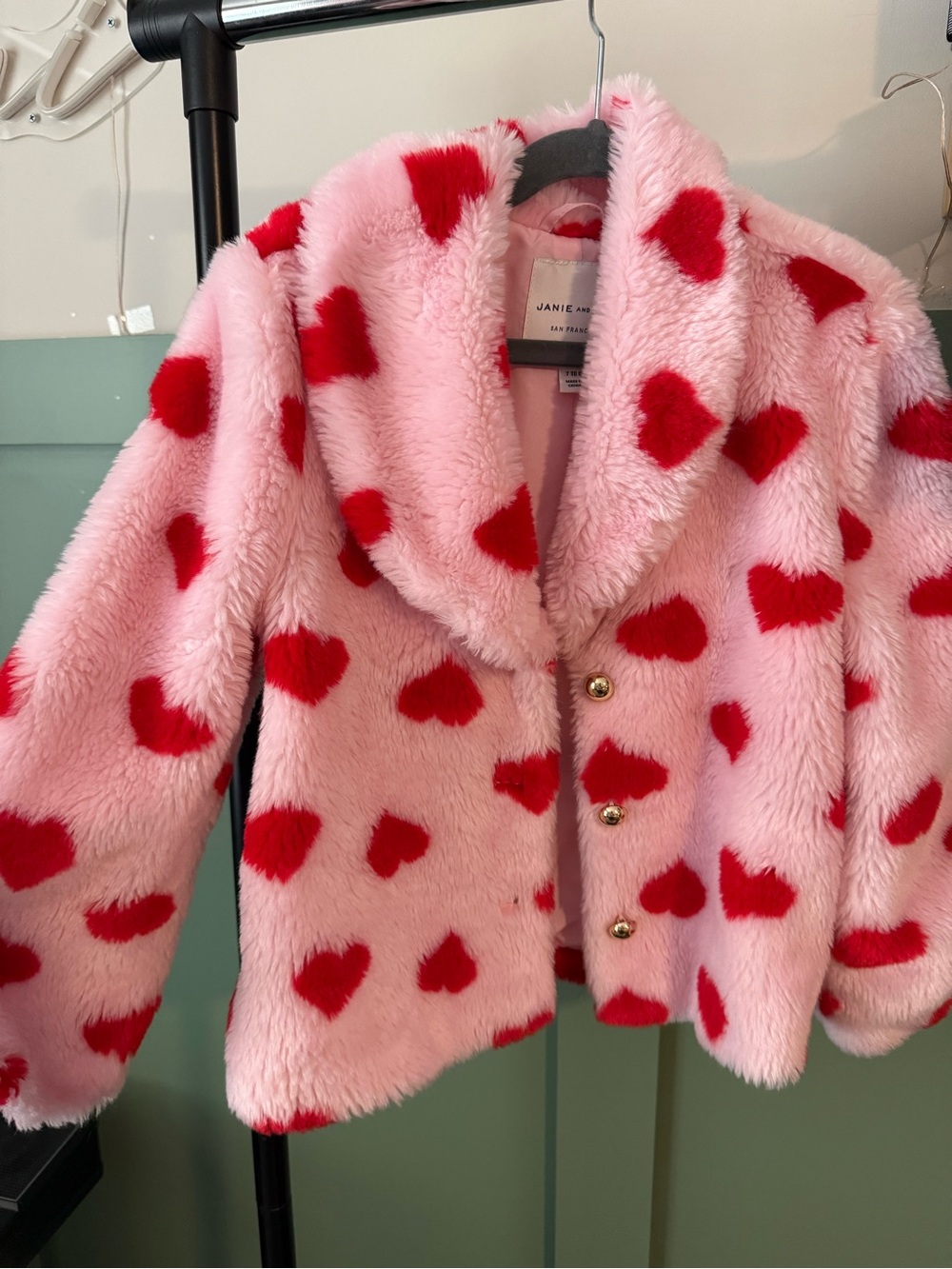 Janie and Jack Pink Faux-Fur Pea Coat with Red Heart Print